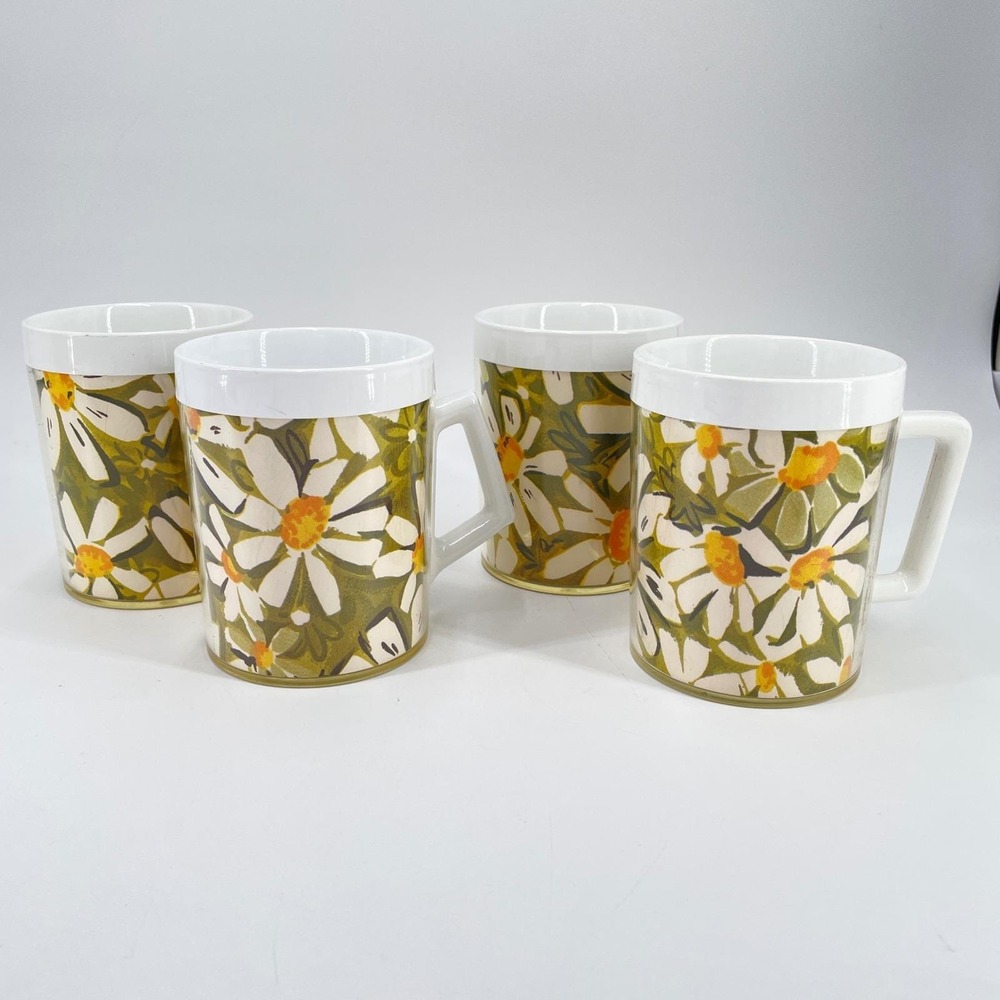 Vintage West Bend Thermo-Serv Daisy Mugs Set of 4 Olive Green Retro 70s Floral